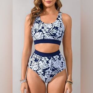 HALCURT Blue and White Floral Scoop Neck High Waist Athletic Bikini - Size S